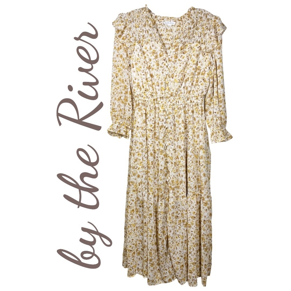 By the River Romantic Floral Boho Smocked Tiered Maxi Dress Cream Yellow, Medium - Picture 11 of 14